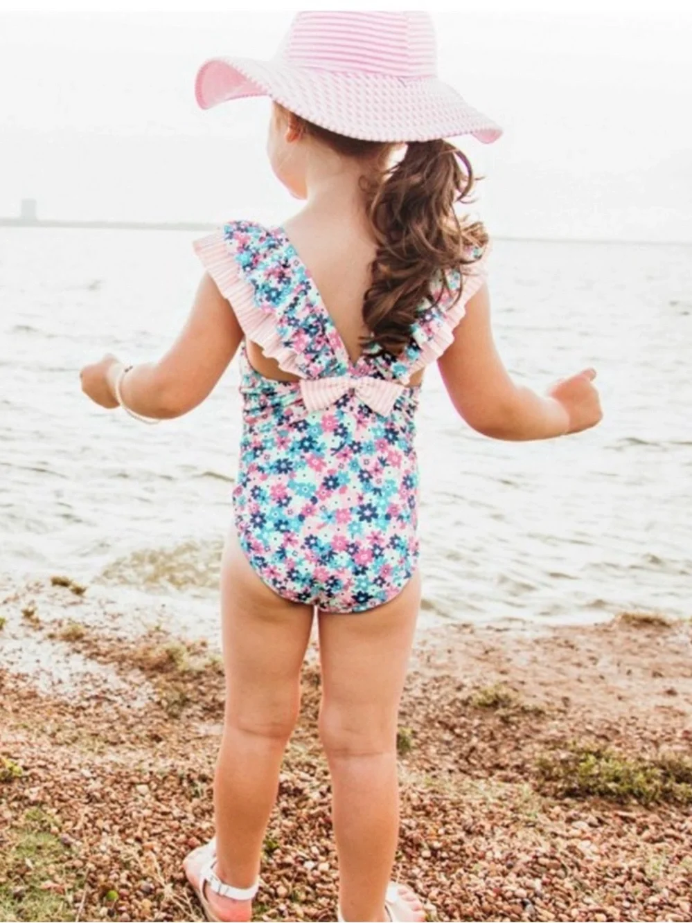 Ruffle Butts Ruffle V-Back with Bow One Piece in Water Lilies Size 2T
